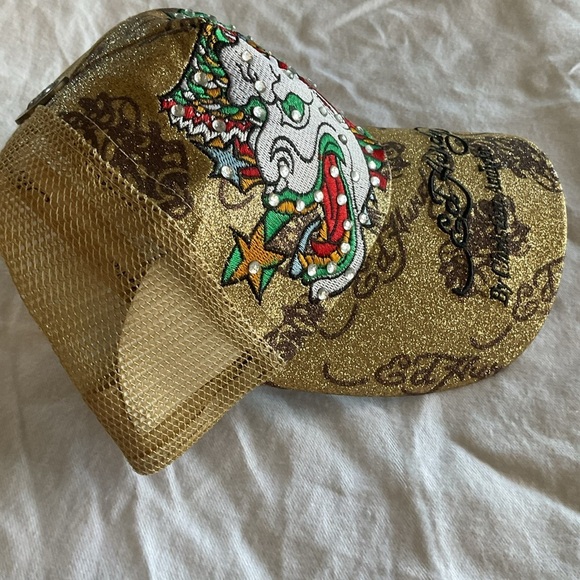 Ed Hardy Gold Trucker Hat with Dragon Design Ed Hardy Christian Audigier Hat Jewel Glitter Double Dragon  main image 2